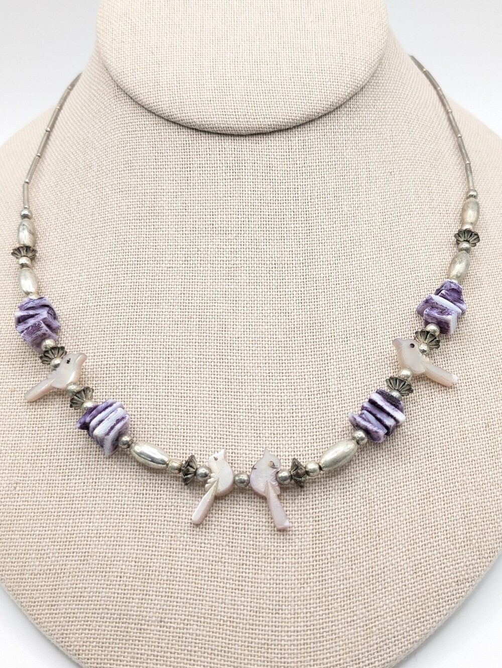 Vintage Purple Dyed Shell Bird Necklace Silver Tone Beads Barrel Clasp 18"
